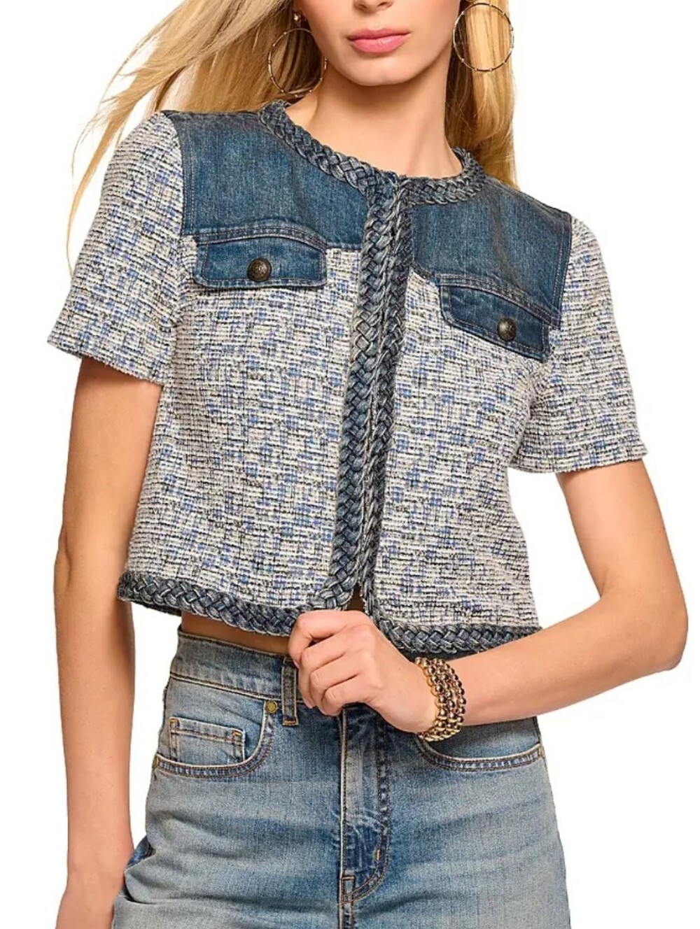 Ramy Brook Libby Tweed & Denim Short Sleeve Cropped Jacket Women's Size M